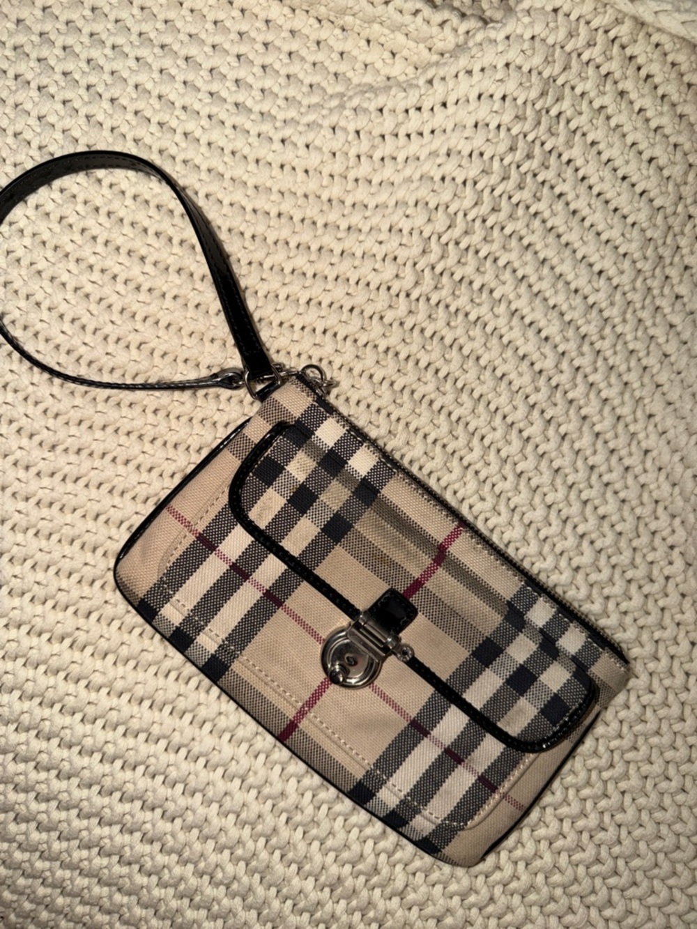 BURBERRY Womens Beige Plaid Wristlet Bag